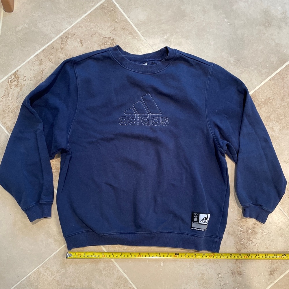 EUC Adidas sweatshirt boys medium 10-12 Navy blue logo lightweight Three Stripes